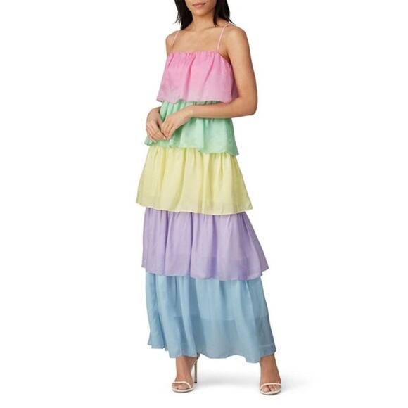 Olivia Ruben Cici Rainbow Multicolor Sleeveless Tiered Maxi Dress Size 8 - Picture 4 of 16